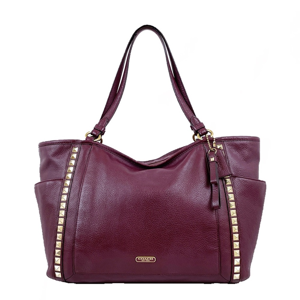 Coach All Leather Berry Large Carrie Park Pyramid Stud Tote Bag Carryall